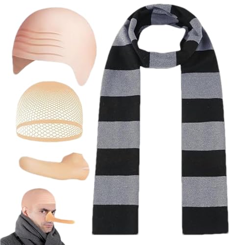 Glatzkopf-Cosplay-Set, gestreifter Schal, Halloween-Kostüm-Set - Bald Head Net Cosplay Kostüm,Gefälschter Nasen-Streifenschal, verkleiden, Glatze, Perücke, Hut, Party-Outfit-Set, Partyzubehör von Buhyujkm