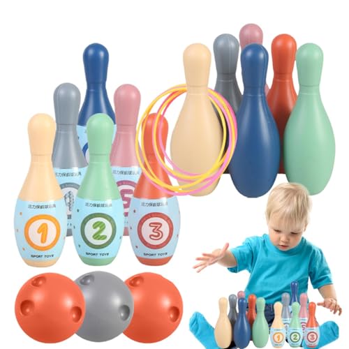 Kids Bowling Set | Bowling Game Set for Kids with 12 Cartoon Pins | Indoor Bowling Toy with 6 Rings and 3 Balls | Engaging Sports Activity for Kids' Motor Skills, Coordination, and Interactive Play von Buhyujkm