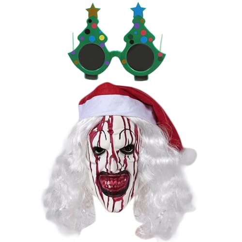 Weihnachtskostüm Horror Kostüm Requisiten Leichte Horror Requisiten Erwachsene Terrifier Maske Weihnachten Horror Prop mit Brille Gruseliges Zubehör für Kostüm Zubehör für Erwachsene und Kinder von Buhyujkm