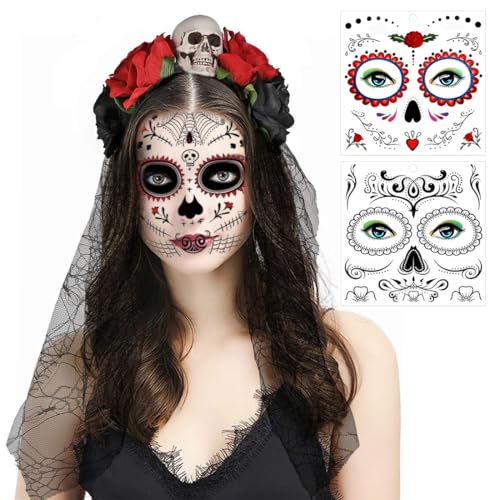 Halloween Tag der Toten Haarreif, day of the dead haarreif mit Gesicht Tattoos, Dia De Los Muertos Haarband,Rose Tag der Toten Haarschmuck,Day of the Dead Haarschmuck, Halloween Kostüm Stirnband von Bukezudang