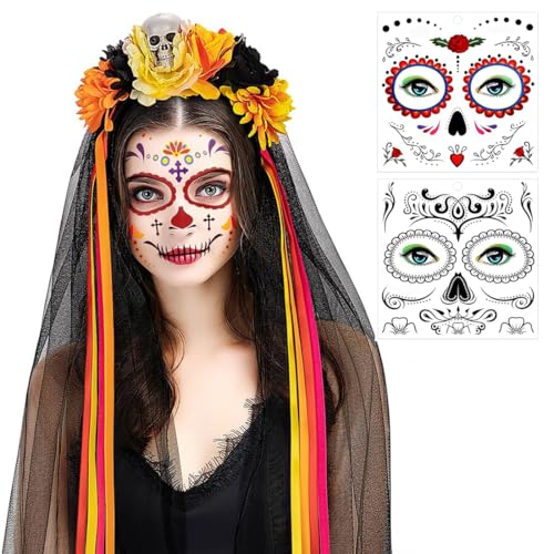 Bukezudang Carnival Headband and Veil Face Tattoo, Women's Dia De Los Muertos, Roses Skull Headband Day of the Dead Hair Accessories Headband Halloween Headpiece Hair Band Halloween Costume Women von Bukezudang