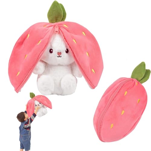 Bukezudang Hasen Verstecken, Osterhase Plüschtier,Erdbeer Hasen Kuscheltier, Hase Plüschtier Verstecken Rosa, Plush Hasen Karotten 18cm, Gefülltes Kaninchen mit Karotten und Erdbeeren, Für Kinder von Bukezudang