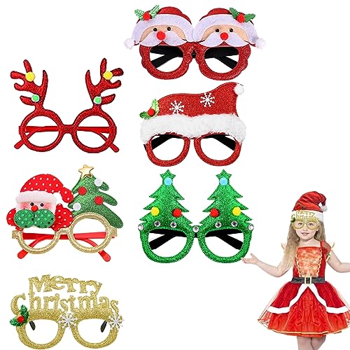 Bukezudang Weihnachtsbrillen, 6 Stück Weihnachtsbrille, Weihnachten Brille Rahmen, NeuheitWeihnachtsbrille, Glitzer Partybrillen Weihnachtsdekoration für Kinder und Erwachsene, 6 Stück von Bukezudang