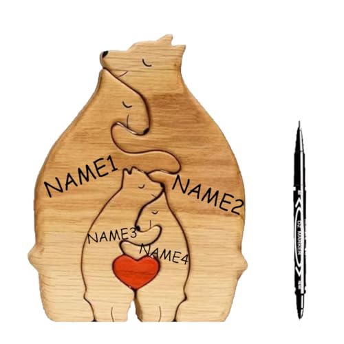 Personalisiertes Holzkunstpuzzle der Bärenfamilie mit 1-8 Namen, We Are One Holz Bär Tier Skulpturen Desktop Ornament Heim Tischdekoration Ideen für Weihnachts Jubiläum Geburtstag von Bukezudang