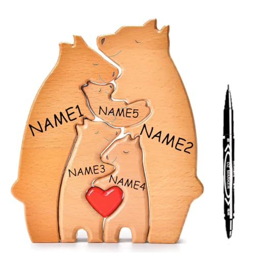 Personalisiertes Holzkunstpuzzle der Bärenfamilie mit 1-8 Familiennamen | Bürodekoration | Bärenskulptur aus Holz als Desktop-Dekoration Ornament für Zuhause | Tischdekoration, Geschenk für Familie von Bukezudang