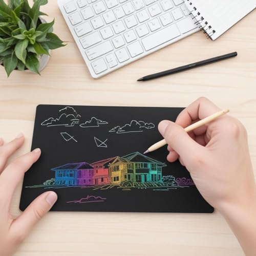 BullTek 50 Blatt Scratch Art 19 x 13 cm für Kinder und Erwachsene, Schwarze Kratzblätter mit Regenbogen-Effekt, kreatives Set mit 2 Holzstiften für Zeichnungen, Skizzen und Basteln von BullTek