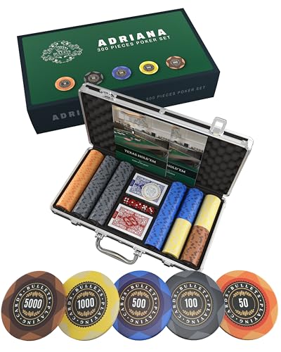 Bullets Playing Cards, Pokerkoffer Adriana, Pokerset mit 300 Clay Pokerchips mit Werten, inkl. Keramik Dealerbutton und Pokerkarten von Bullets Playing Cards