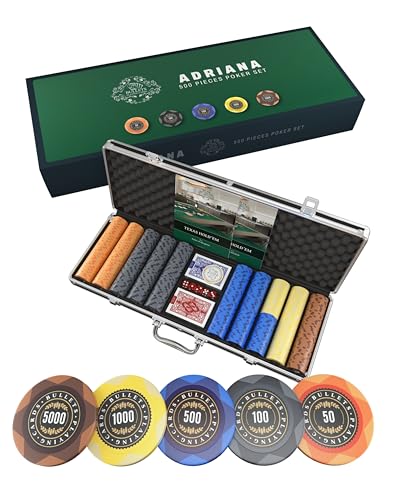 Bullets Playing Cards, Pokerset Adriana, Pokerkoffer mit 500 Clay Pokerchips mit Werten, inkl. Keramik Dealerbutton und Pokerkarten von Bullets Playing Cards