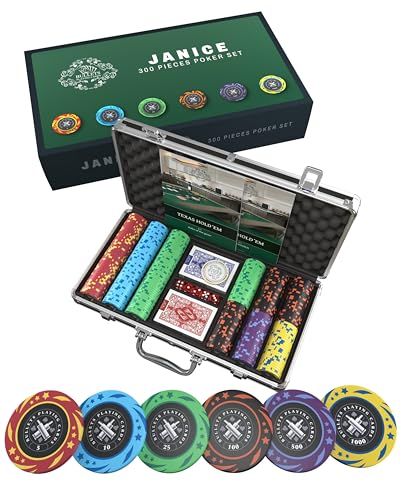 Bullets Playing Cards, Pokerset Janice, Pokerkoffer mit 300 Kunststoff Pokerchips mit Werten, inkl. Keramik Dealerbutton und Pokerkarten von Bullets Playing Cards