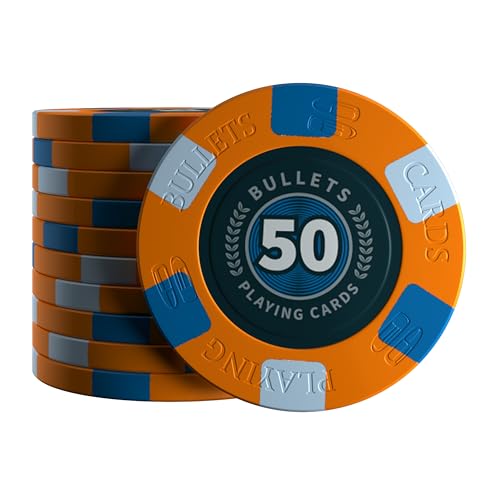 Bullets Playing Cards, 25x Keramik Pokerchip Richie, Wert 50, für Pokerset, 10g, 4cm Durchmesser (Orange) von Bullets Playing Cards