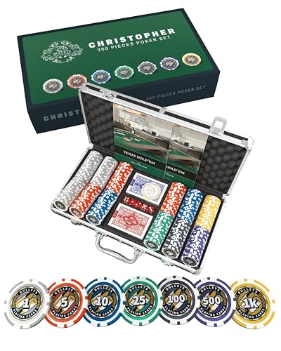 Bullets Playing Cards - Pokerkoffer Christopher - Pokerset mit 300 Kunststoff Pokerchips -inkl. Keramik Dealerbutton, Doppelpack Pokerkarten von Bullets Playing Cards