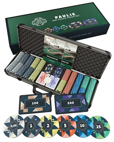 Bullets Playing CardsPokerkoffer Paulie-CASHGAME - Pokersetmit 500 Keramik Pokerchips mit aufgedruckten Werten - inkl. Doppelpack Pokerkarten, Plaques von Bullets Playing Cards