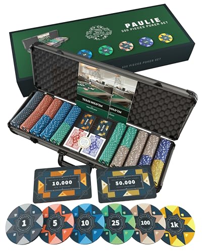 Bullets Playing Cards - Pokerkoffer Paulie - Pokerset mit 500 Keramik Pokerchips mit aufgedruckten Werten - inkl. Doppelpack Pokerkarten, Plaques von Bullets Playing Cards