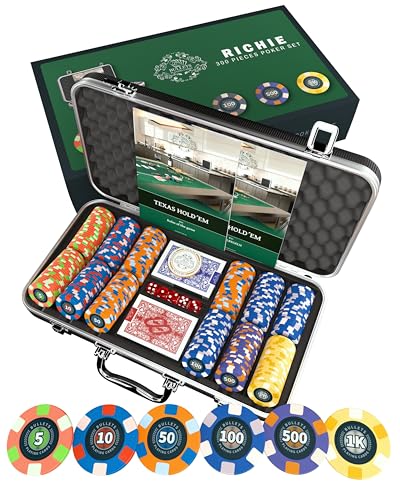 Bullets Playing Cards, Pokerkoffer Richie, Pokerset mit 300 Keramik Pokerchips mit aufgedruckten Werten, inkl. Keramik Dealerbutton von Bullets Playing Cards