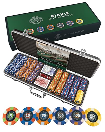 Bullets Playing Cards, Pokerkoffer Richie, Pokerset, mit 500 Keramik Pokerchips mit aufgedruckten Werten, inkl. Keramik Dealerbutton von Bullets Playing Cards