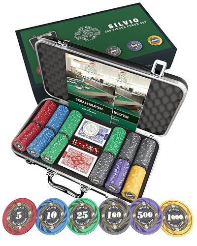 Bullets Playing Cards - Pokerkoffer Silvio - Pokerset mit 300 Keramik Pokerchips mit aufgedruckten Werteninkl. Keramik Dealerbutton, Doppelpack Pokerkarten von Bullets Playing Cards