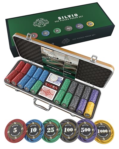 Bullets Playing Cards, Pokerkoffer Silvio, Pokerset mit 500 Keramik Pokerchips mit aufgedruckten Werteninkl. Keramik Dealerbutton von Bullets Playing Cards