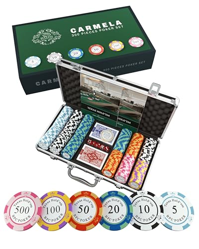 Bullets Playing Cards - Pokerkoffer Carmela - Pokerset mit 300 Clay Pokerchips -inkl. Keramik Dealerbutton, Doppelpack Pokerkarten von Bullets Playing Cards