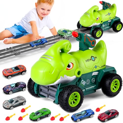 BunnyJOY Spielzeugautos Set Jungen Kinder 3-6 Jahre mit Rennbahn, Auto Spielzeug, Monster Truck & Dinosaurier, Autotransporter Fahrzeug, Geschenk für Jungen (Grün) von BunnyJOY