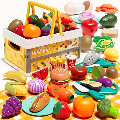 BunnyJOY Kinderküche Spielküche Zubehör, Spielküche Zubehör, Einkaufskorb Kinder, Kaufladen Zubehör, Kaufmannsladen Zubehör, Gemüse Obst Küchenspielzeug Mädchen ab 3 Jahren, Geschenke für Rollenspiele von BunnyJOY