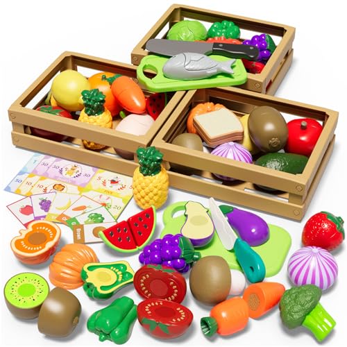 BunnyJOY Kinderküche Spielküche Zubehör, Spielküche Zubehör, Einkaufskorb Kinder, Kaufladen Zubehör, Kaufmannsladen Zubehör, Gemüse Obst Küchenspielzeug Mädchen ab 3 Jahren, Geschenke für Rollenspiele von BunnyJOY