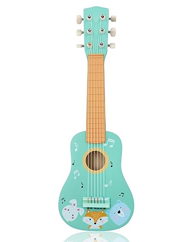 Kindergitarre aus Holz, Gitarre für Kinder ab 3 Jahre, 53x17x6 cm, 6-saitige Spielzeuggitarre, Nylonsaiten - mit Waldtieren und Noten verziert - bemaltes Holz - Musikinstrumente für Kinder von Buosha