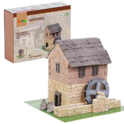 Buroku Mittelalterliches Bau-Set, 390 Teile, realistische Wassermühle, Steinsteine, fördert das Stem-Lernen und die motorischen Fähigkeiten, für Kinder und Erwachsene, inklusive Kleber von Buroku