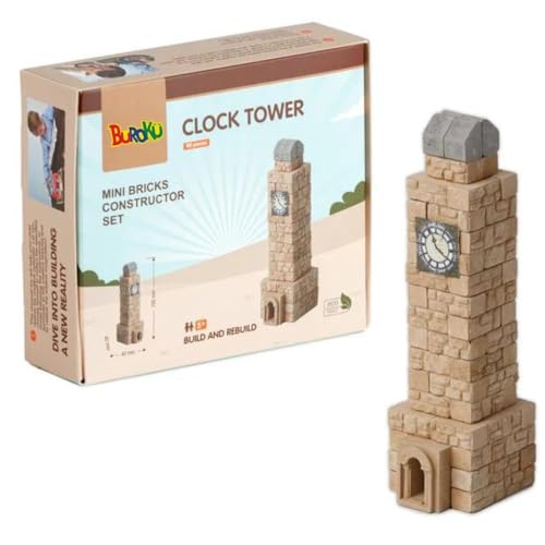 Buroku Mittelalterliches Bau-Set, 80 Teile, realistischer Uhrturm, Steinsteine, fördert das Stem-Lernen und die motorischen Fähigkeiten, für Kinder und Erwachsene, inklusive Kleber von Buroku