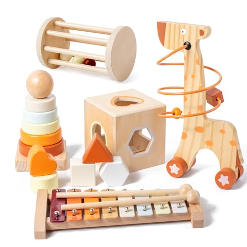 Busy edition Montessori-Spielzeug für 1–3 Jahre, 5-in-1-Set mit Holzstapelturm, Formsortierwürfel, Xylophon mit Schlägeln, Babyroller und interaktiver Giraffe, perfektes Sortierspielzeug für von Busy edition