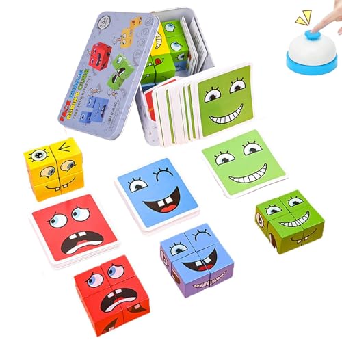 Emoji BlöCke Holz Lernset, ZauberwüRfel, Cube, Puzzle Bauwürfel Ausdruck Holzpuzzle, 3D Puzzle Face-Changing Magic Cube Set, Ausdruckspuzzle Würfel Montessori Lernspielzeug für Kinder(mit Snatch Bell) von Butyeak