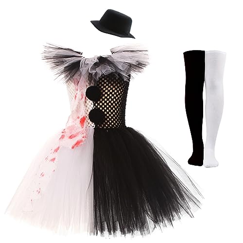 Buxomigrl Clown-Kostüm für Mädchen, Halloween, Cosplay, Clown-Tutu-Kleid für Kinder mit Hut, 6–7 Jahre, Größe L von Buxomigrl