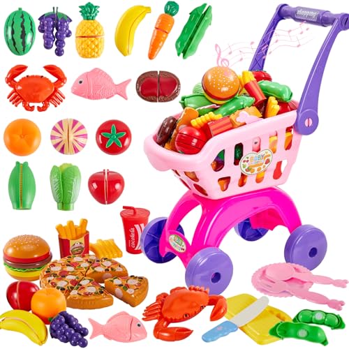 BUYGER Einkaufswagen für Kinder, mit 12 Musik und Licht, 5 Arten von Schneiden Obst Gemüse Lebensmittel Spielzeug, Küchenspielzeug Kaufladen Zubehör Rollenspiel Geschenk für 3+ Jahren von BUYGER