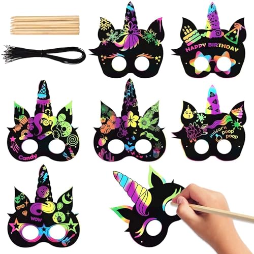 Buziba 24 Stück Kratzmasken aus Papier für Einhorn-Partys, magische Pferdemaske für Halloween, Regenbogenschaber, Bastelsets für Kinder, Party-Dekoration von Buziba