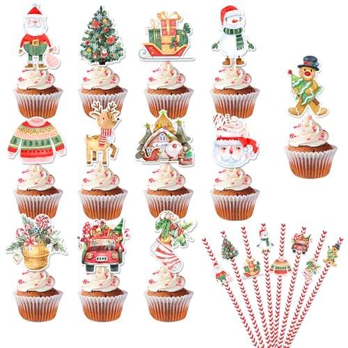 Buziba 24 Stück Weihnachts-Cupcake-Topper mit 24 Papier-Trinkhalmen, Weihnachts-Party-Dekorationen, Weihnachtsmann, Baum, Schneemann, Kuchenstäbchen für Weihnachten, Party, Urlaub von Buziba