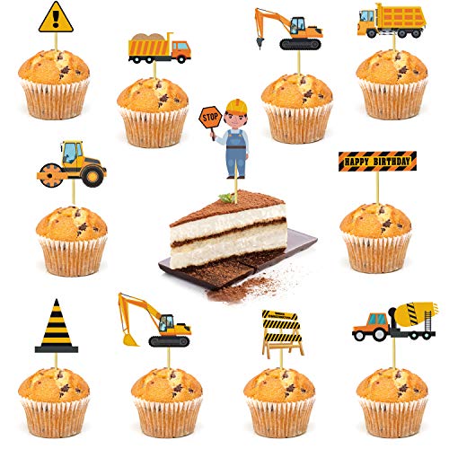 Buziba Cupcake-Topper "Happy Birthday", Stoppschild, Kipplaster, Bagger, Traktor, Party-Kuchenspieße, Dekorationen für Bauthemen, Geburtstagspartys, 12 Stück von Buziba