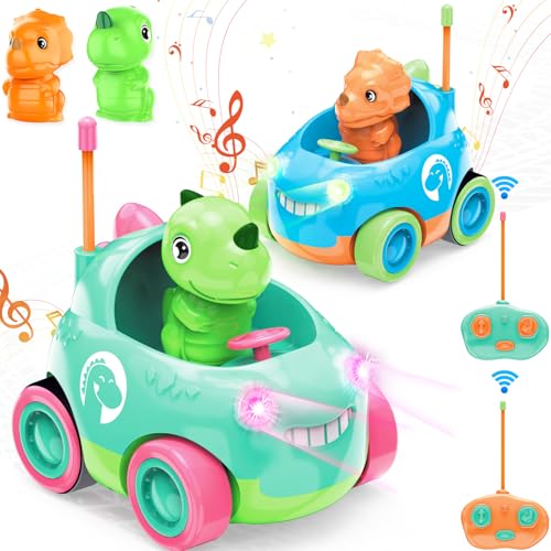 BuzzoXere Set Ferngesteuertes Auto Kinder, 2pcs Ferngesteuertes Dinosaurier Spielzeug für Kinder, Dino RC Auto für Kinder mit Lichtern und Musik, Geschenke für Jungen Mädchen 2 3 4 5 6 Jahre von BuzzoXerex