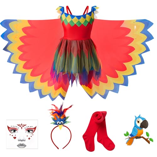 BuzzoXere Papagei Kostüm Kinder, Papagei Kleid Kinder Mädchen, Papagei Vogel Kostüm Mädchen mit Kleid mit Flügel, Gesichtsaufkleber, Einteilige Socken, Haarband für Karneval Party (L (8-10 Jahre)) von BuzzoXerex