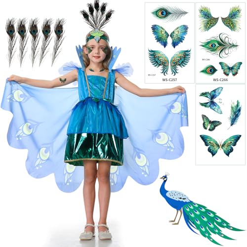 BuzzoXere Pfau Kostüm Kinder, Pfau Kleid Kostüm kinder, Pfau Vogel Kostüm Kinder Mädchen mit Kleid mit Flügel, Stirnband, Kragen, Pfauenfeder und Gesichtsaufkleber für Karneval (L(8-10 Jahre)) von BuzzoXerex