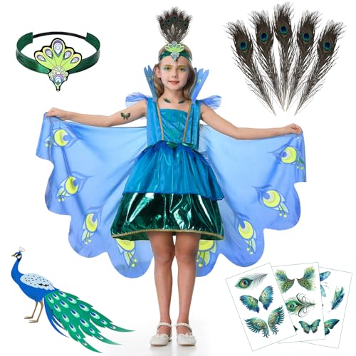 BuzzoXere Pfau Kostüm Kinder, Pfau Kleid Kostüm kinder, Pfau Vogel Kostüm Kinder Mädchen mit Kleid mit Flügel, Stirnband, Kragen, Pfauenfeder und Gesichtsaufkleber für Karneval (M(5-7 Jahre)) von BuzzoXerex