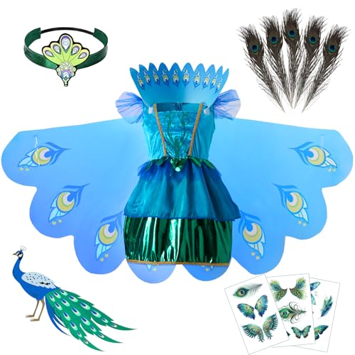 BuzzoXere Pfau Kostüm Kinder, Pfau Kleid Kostüm kinder, Pfau Vogel Kostüm Kinder Mädchen mit Kleid mit Flügel, Stirnband, Kragen, Pfauenfeder und Gesichtsaufkleber für Karneval (XL(10-12 Jahre)) von BuzzoXerex