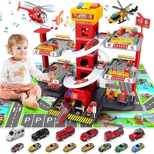 BuzzoXerex 5 Stockwerke Parkgarage für Kinder, Autorennbahn mit 14 Autos und 2 Hubschrauber, Spielzeug Parkhaus mit Aufzug, Licht & Sound, Geschenke für Kinder 5 6 7 8 9 Jahren (Brandbekämpfung) von BuzzoXerex