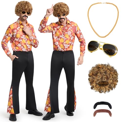 BuzzoXerex 70er Jahre Kostüm Herren, 7 Stücks Hippie Kostüm Männer Set, Disco Kostüm Herren mit Hemd, Schlaghosen, Perücke und Disco Zubehör für 70er Party Karneval Halloween Mottoparty (Schwarz, S) BuzzoXerex 70er Jahre Kostüm Herren, 7 Stücks Hippie Kostüm Männer Set, Disco Kostüm Herren mit Hemd, Schlaghosen, Perücke und Disco Zubehör für 70er Party Karneval Halloween Mottoparty (Schwarz, S) von BuzzoXerex