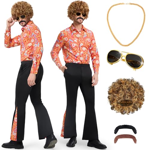 BuzzoXerex 70er Jahre Kostüm Herren, 7 Stücks Hippie Kostüm Männer Set, Disco Kostüm Herren mit Hemd, Schlaghosen, Perücke und Disco Zubehör für 70er Party Karneval Halloween Mottoparty (Gelb, L) BuzzoXerex 70er Jahre Kostüm Herren, 7 Stücks Hippie Kostüm Männer Set, Disco Kostüm Herren mit Hemd, Schlaghosen, Perücke und Disco Zubehör für 70er Party Karneval Halloween Mottoparty (Gelb, L) von BuzzoXerex