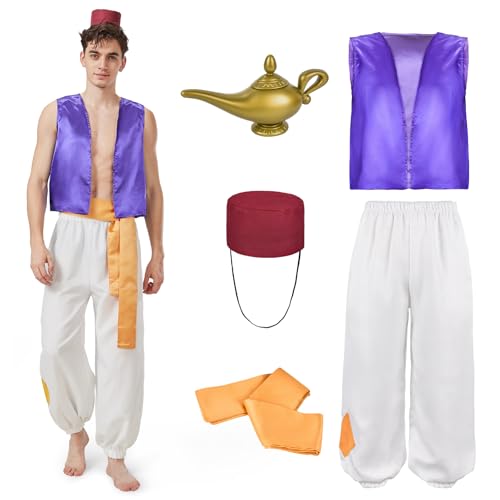 BuzzoXerex Aladdin Kostüm Herren, Aladin Kostüm Mann, Kostüm Aladdin mit Lampe und Hut, Aladin Verkleidung für Karneval Fasching Mottoparty Cosplay Halloween(L) von BuzzoXerex