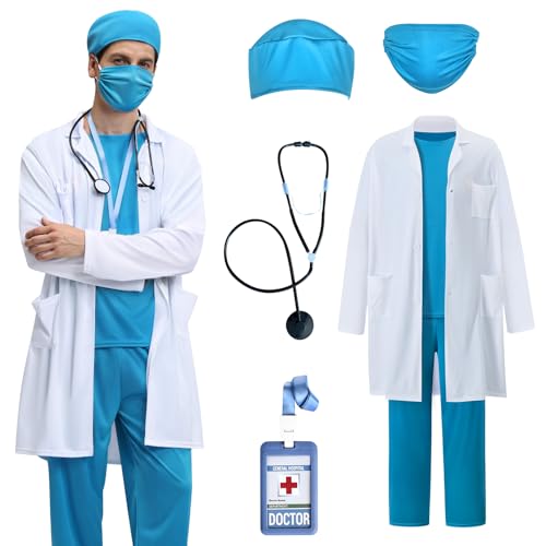 BuzzoXerex Arzt Kostüm Herren, Doktor Kostüm Herren Karneval Chirurg Kostüm Erwachsene Set mit Arztkittel, Doktorhut, Arztmaske, Oberteil, Hose und Stethoskop für Karneval Halloween (XL) von BuzzoXerex