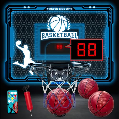 BuzzoXerex Basketballkorb Kinder Indoor, Mini Basketballkorb fürs Zimmer tür mit Fernbedienungen, 4 Bällen, Anzeigetafel, 7 Farben Lichter, Basketball Spielzeug für Jungen Mädchen von BuzzoXerex