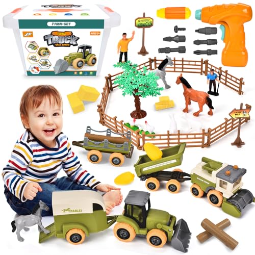 BuzzoXerex Bauernhof Spielzeug Traktor, DIY Montage Traktor Set mit Anhänger, Bauernhof Spielzeug Set mit Mähdrescher, Getreidetransporter und Heuballen, Geburtstag Geschenke für Kinder ab 3+ Jahre von BuzzoXerex