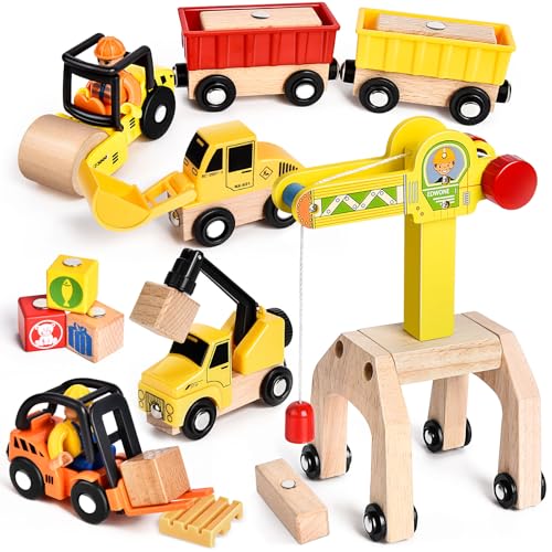 BuzzoXerex Baustellenfahrzeuge Holzspielzeug Kinder, Baustelle Kinder Set 19Pcs Baustelle Spielzeug mit Portalkran, Gabelstapler, Bagger, Straßenwalze, Kran für 3 4 5 6 Jahre Junge (Bauwagen Set) von BuzzoXerex