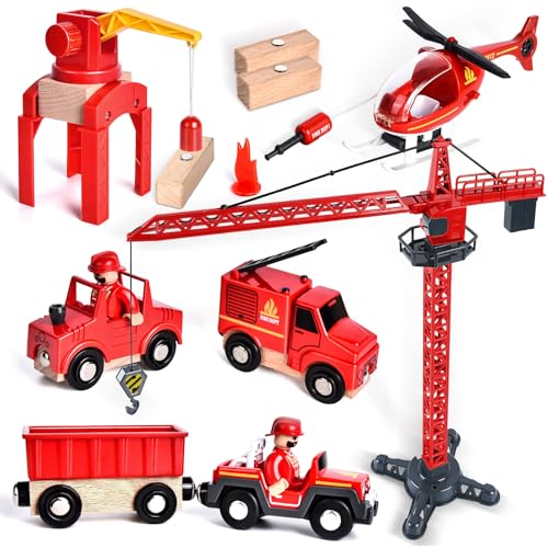 BuzzoXerex Feuerwehr Spielzeug, Feuerwehrauto Holz Kinder 17Pcs Feuerwehr Spielzeug Spielzeug Fire Trucks mit Portalkran, Hubschrauber, Geländewagen für 3 4 5 6 Jahre Junge von BuzzoXerex