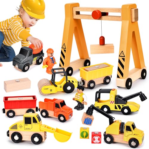 BuzzoXerex Baustellenfahrzeuge Kinder Kran Holzspielzeug, Baufahrzeuge Kinder Spielzeug, Baustelle Kinder Magnetisch Fahrzeug mit Portalkran, Bagger, Kranwagen, Muldenkipper Geschenk ab 3 Jahre von BuzzoXerex